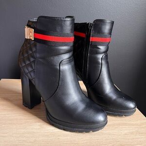 Black Quilted Ankle Boots with Red Stripe